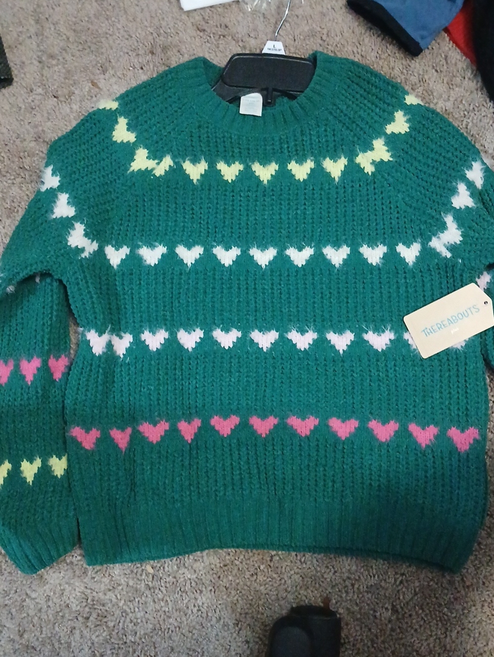 Green Heart-Stripe Crewneck Sweater with Multicolor Accents